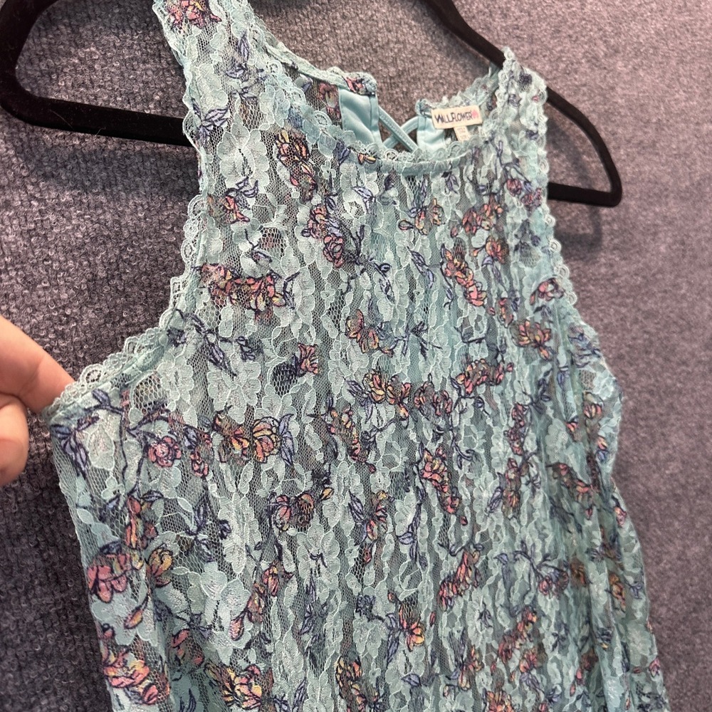 TWO Wallflower Sheer Lace Tank Blue Floral & Tan Lace Up Sz L Coquette Soft Girl - Picture 4 of 14